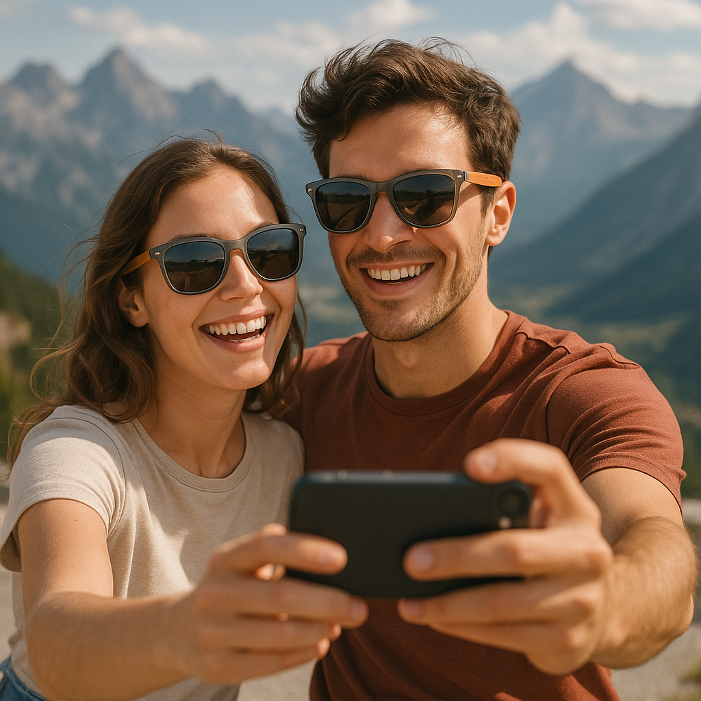 Pareja con gafas de sol de madera y acetato IRON negras selfie